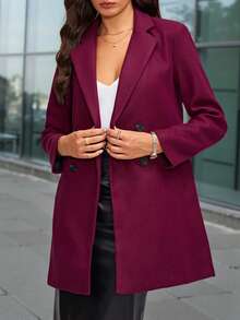 SHEIN Clasi Abrigo cruzado de doble botonadura con cuello de solapa, adecuado para el uso diario - Rojo violeta - Ver 1