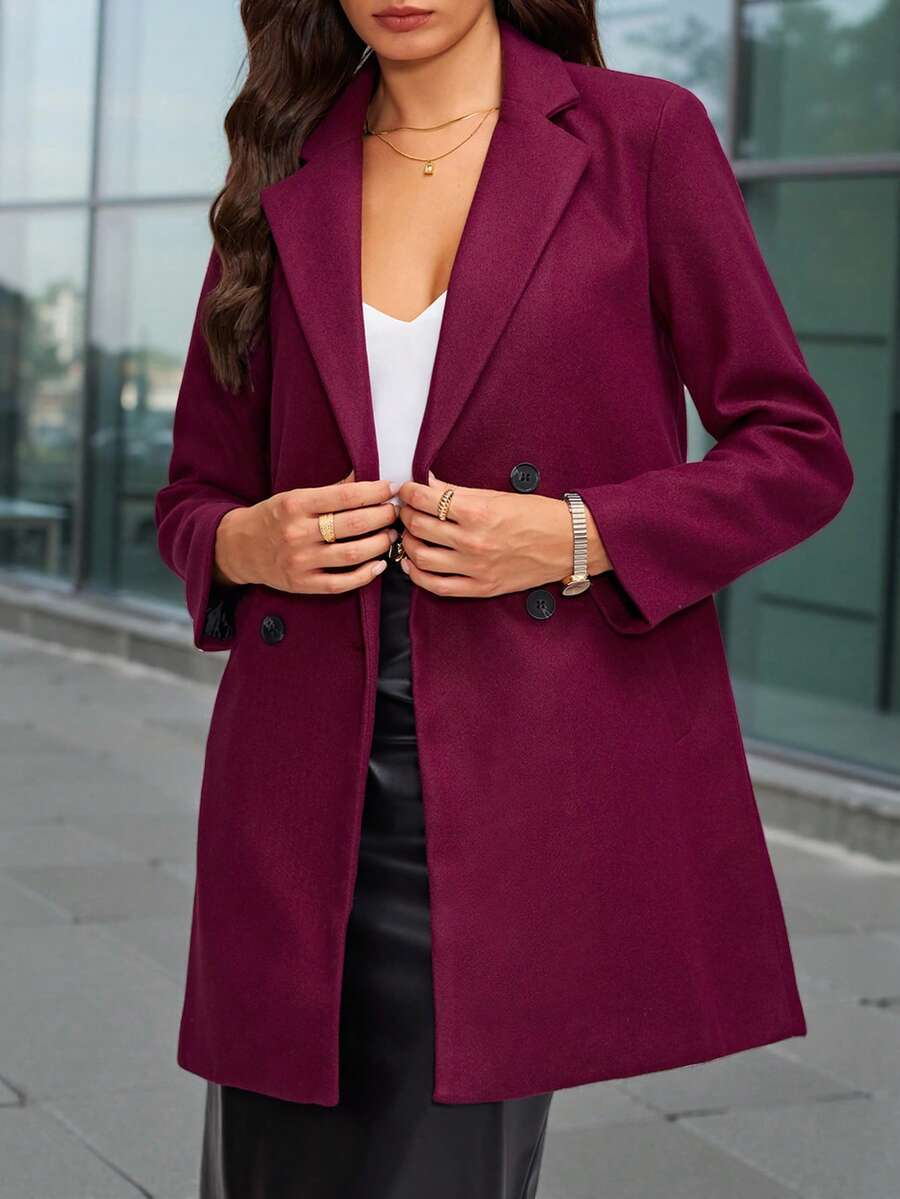 SHEIN Clasi Abrigo cruzado de doble botonadura con cuello de solapa, adecuado para el uso diario - Rojo violeta - Ver 1