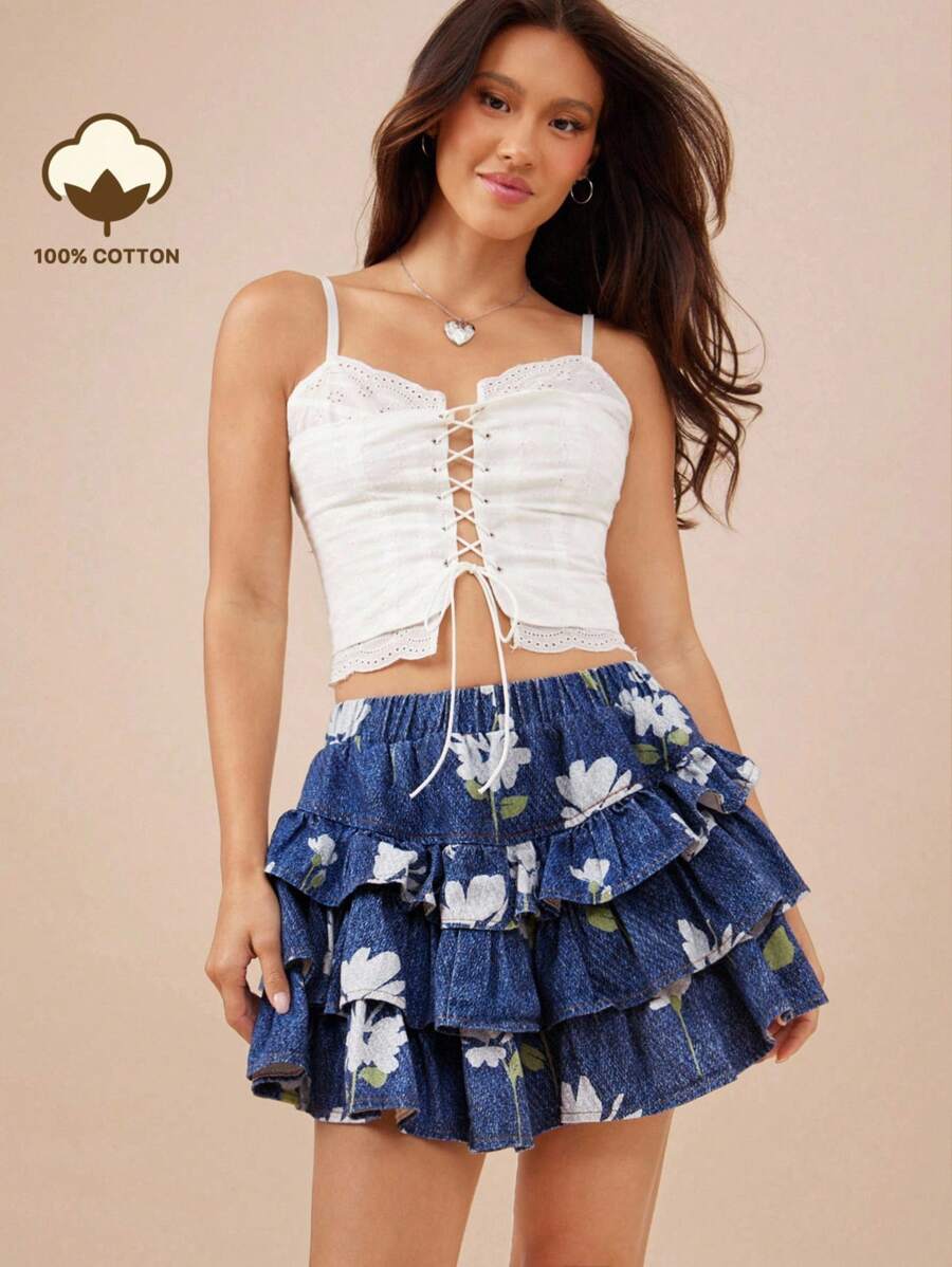 WESTFADE Falda vaquera con estampado floral, cintura fruncida, volantes y volantes en capas, estilo boho vaquero para verano y vacaciones en la playa - Azul lavado oscuro - Ver 1