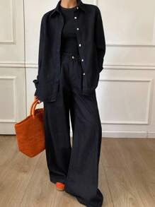 DAZY Women's Loose Denim Shirt With Collar And Straight Leg Pants 2 Pieces Casual Denim Suit - Dark Wash - View 2