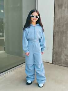 SHEIN Girlism Tween Girls Casual Knit Hooded Short Sweatshirt & Loose Pants Set - Baby Blue - View 10