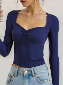 Maglietta a maniche lunghe con vita stretta e vestibilità aderente per ragazze adolescenti, in colore blu navy, con plissettatura sul busto, stile carino e dolce, spalle scoperte, adatta per la scuola, carina, per picnic all'aperto con la famiglia in primavera, per l'uso quotidiano, in autunno e inverno - Blu Navy - Visualizzare 3