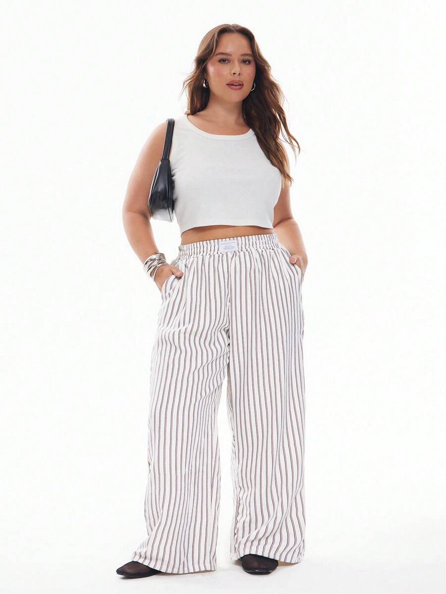 Solavibe Plus Size Striped Straight Leg Casual Pants, Minimalist & Fashionable, Suitable For Summer - Apricot - View 1