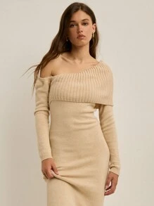 Nöista 优雅通勤纯色不对称领长款针织连衣裙，秋冬 - 杏色 - 查看 5