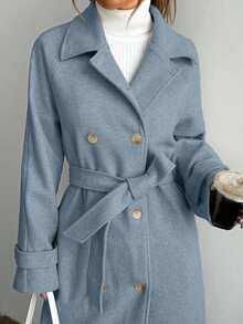 EURMUSE 女式纯色简约日常翻领长袖大衣 - 霧霾藍 - 查看 6