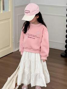 DAZY 女童圆领刺绣蝴蝶结英文卫衣，清新甜美韩版风格，长袖，秋冬款 - 藕粉色 - 查看 6