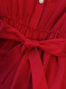 Franclia 优雅法式高端度假通勤百搭圆领荷叶袖弹力腰身珍珠纽扣装饰舒适柔软无弹杏色女士中长连衣裙，春夏款 - 紅色 - 查看 6