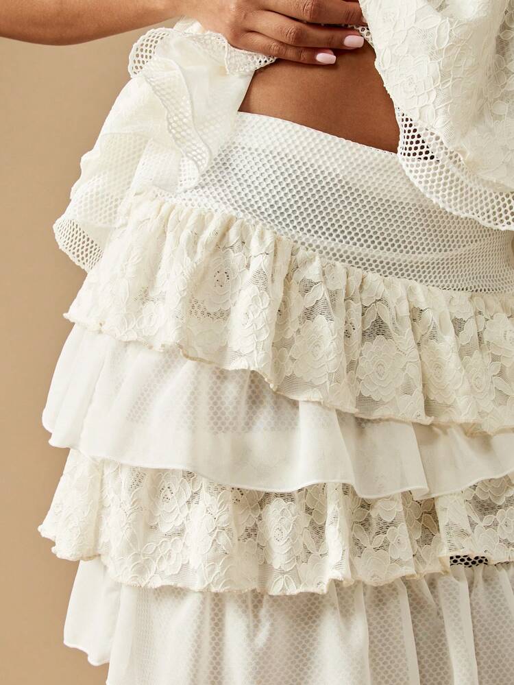 MISSGUIDED Tiered Ruffle Maxi Skirt Mesh Insert Panels Victorian Style Lace Detail Party Wedding Guest Evening Special Occasion Layered Design Spring Summer Collection - White - View 4