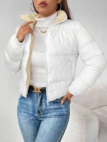 SHEIN PETITE Zip Up Reversible Hooded Padded Coat Women White Jacket In Fall/Winter