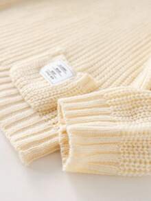 SHEIN 男童杏色休闲舒适百搭斜襟纽扣圆领毛衣，秋冬 - 杏色 - 查看 7