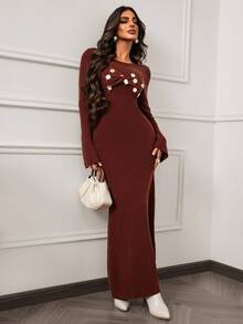 Lineaform Figurbetonte elegante Strickkleid, geeignet als Hochzeitsgast-Outfit, Partykleid, Vintage Pailletten Dekor - Braun - Übersicht 4