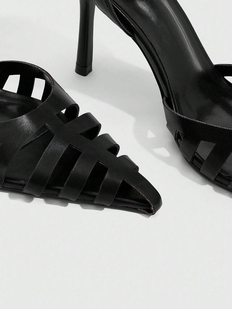CUCCOO SZL Sapato Scarpin Feminino Preto de Salto Alto Elegante e Sexy para Festa, Bico Fino e Tira Vazada em Couro Sintético (PU)