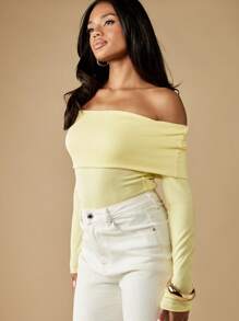 MISSGUIDED 露肩长袖紧身衣 淡雅春季时尚翻领修身上衣 优雅晚会场合俱乐部装 休闲日常基本款 - 黃色 - 查看 5