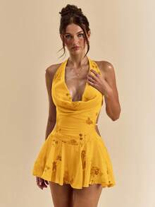 SHEIN BAE 女士花卉亮片低胸性感露背连衣裙 - 薑色 - 查看 4