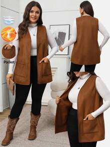 EMERY ROSE 大码女式保暖内衬口袋背心外套，适合秋冬季节，大码秋季服装，女士冬季服装，商务休闲女装，优雅女装，乡村风女装，时尚日常穿搭，女士秋季服装，秋冬时尚单品 - 棕色 - 查看 1