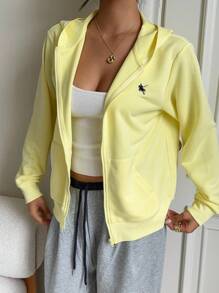 SHEIN EZwear Light Yellow Knitted Hooded Women's Rider Print Long Sleeve Zip-Up Sweatshirt Yellow Hoodie Women Yellow Sweatshirt In Fall/Winter