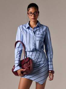 AiiRZ Robe mini en popeline de coton, jupe drapée asymétrique, manches longues boutonnées. Tenue de travail de bureau professionnelle, col, collection printemps automne