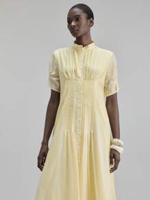 Ontre Women's Solid Color Short Sleeve Pleated Single-Breasted Casual Long Dress, Beach Holiday Outfit, Island Resort Bohemian Dress For Music Festival, Halloween, Christmas Party, Elegant Business Casual Work Dress, Country Music Concert Outfit