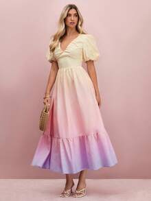 Enchnt 女士优雅渐变泡泡袖连衣裙，夏季 - 粉色 - 查看 4