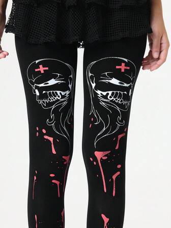 Grunge Punk 1 pezzo Collant/Calze/Leggings da donna a tema Ognissanti con ragnatela nera e scheletro con sangue