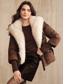 Anewsta Women's Elegant Faux Fur Collar Trim Cinched Waist Long Sleeve Zip-Up Padded Coat, Winter