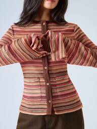 LYSMO Women's Brown Stripe Long Sleeve Single-Breasted Crochet T-Shirt,90s Retro Round Neck Casual Top For Autumn,Everyday,Back To School,BOHO Y2K Style