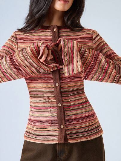 LYSMO 2025 Autumn And Winter New Style/Women's Striped Round Neck Long Sleeve Single-Breasted Pocket Casual T-Shirt/Crochet Fabric/Color Stripes/Fall Women Clothes/Fall Outfits Women /Fall Tops/Winter Clothes For Women/ Back To School/Back To School Clothes/Back To School Outfits Women/Tops For School/Homecoming/Halloween/Halloween Clothes/Halloween Clothes Women/Halloween Costumes Women/Halloween Costume/Christmas Clothes/Teacher Outfits/Going Out Tops Women/Date Night Outfits Women/Tops For Going Out/Business Casual Woman/Gothic Women Clothes/Basic Tops/Korean Style/BOHO/Y2Ktops