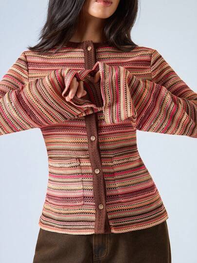 LYSMO 2025 Autumn And Winter New Style/Women's Striped Round Neck Long Sleeve Single-Breasted Pocket Casual T-Shirt/Crochet Fabric/Color Stripes/Fall Women Clothes/Fall Outfits Women /Fall Tops/Winter Clothes For Women/ Back To School/Back To School Clothes/Back To School Outfits Women/Tops For School/Homecoming/Halloween/Halloween Clothes/Halloween Clothes Women/Halloween Costumes Women/Halloween Costume/Christmas Clothes/Teacher Outfits/Going Out Tops Women/Date Night Outfits Women/Tops For Going Out/Business Casual Woman/Gothic Women Clothes/Basic Tops/Korean Style/BOHO/Y2Ktops