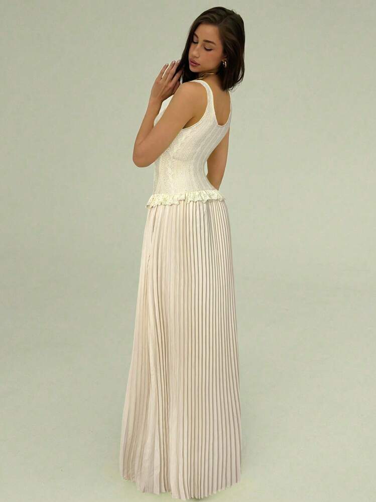 Aloruh Summer Elegant Cream White Tea Party Dress,Slim-Fit Stretchy Textured Retro Jacquard Low-Cut Pleated Splice Lace Trim Solid Extra Long Holiday - Apricot - View 6