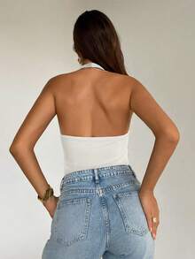 Aloruh Women's Sexy Solid Color Backless Halter Top, Summer - White - View 2