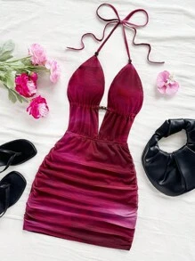 Soleia Đầm ôm sát cơ thể xếp ly cổ chữ V sâu in họa tiết trừu tượng phong cách cổ điển dành cho nữ, trang phục thời trang mùa hè gợi cảm cho tiệc tùng, hẹn hò, trà chiều, kỳ nghỉ ở bãi biển - Nhiều màu - Xem 6