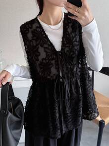 FRIFUL 女士V领纹理宽松无袖背心外套黑色背心女款黑色背心黑色系带背心薄纱黑色背心背心上衣女式外套 - 黑色 - 查看 2
