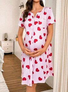 SHEIN Heart Print Round Neck Single-Breasted Pocket Short Sleeve Maternity Nightgown