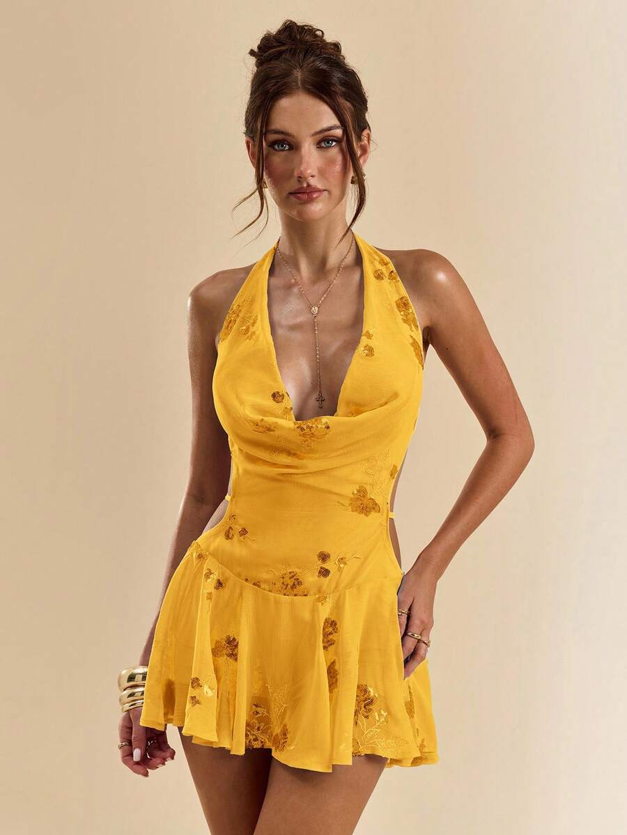 SHEIN BAE 女士花卉亮片低胸性感露背连衣裙 - 薑色 - 查看 1