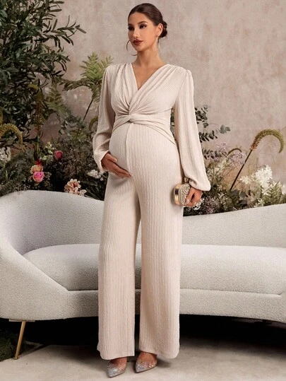 SHEIN Maternity Solid Color Twist Waist Design Lantern Sleeve Wide Leg Jumpsuit Fall Winter Clothes Wedding Guest  Wide Leg Junpsuit Long Sleeve Jumpsuit Pregnancy Clothing Maternity Jumpsuits Elegant Jumpsuits Maternity Clothes
