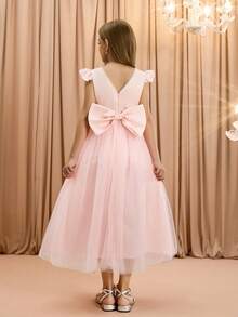 Tween Girls' Elegant Luxurious Round Neck Bowknot Midi Dress, Suitable For Evening Party, Wedding, Holiday, Christmas, Halloween, Birthday, Graduation And Other Occasions Fall Winter - Pink - View 2