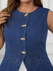 SHEIN CURVE+ 大码无袖牛仔休闲衬衫，适合工作和休闲，夏季 - 藍色 - 查看 7