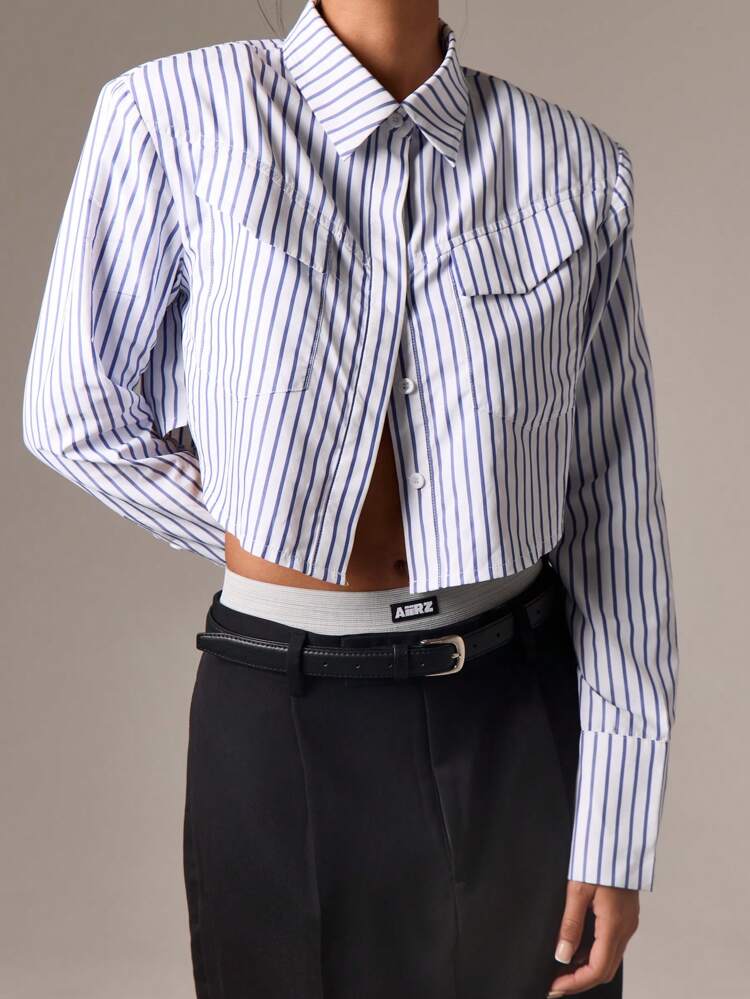 Striped Cropped Western Shirt With Shoulder Pads