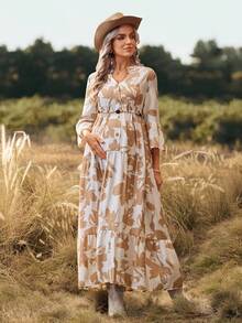 SHEIN Umstandskleid mit Rüschenärmeln, Knopfleiste vorne, mehrlagiges fließendes Kleid, weite Passform mit Blume Muster - Khaki - Übersicht 1