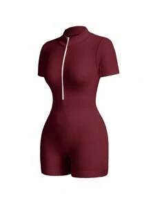 Easithlete 2PCS Women Sports Jumpsuits Zip Up Romper Rompers For Women Short Sleeve Romper Ribbed Romper Bodysuit Romper Seamless Romper Short Romper Active Romper