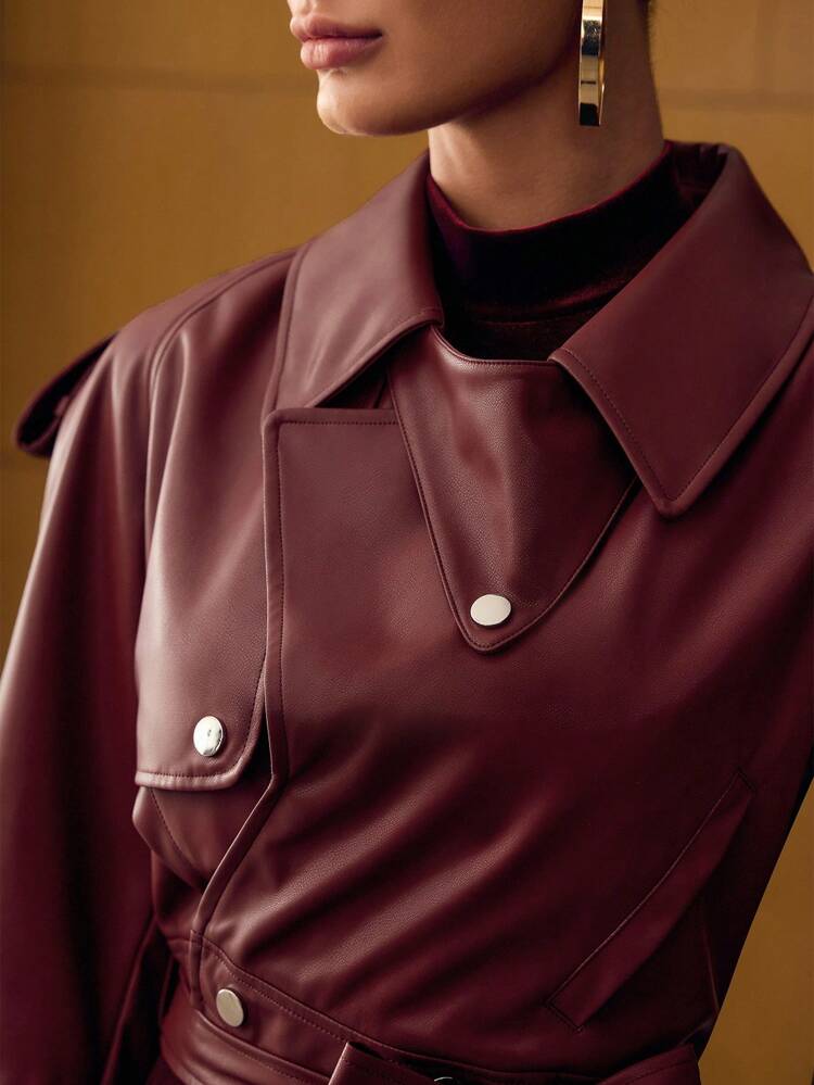 PU LEATHER RAGLAN SLEEVE BELTED CROP JACKET