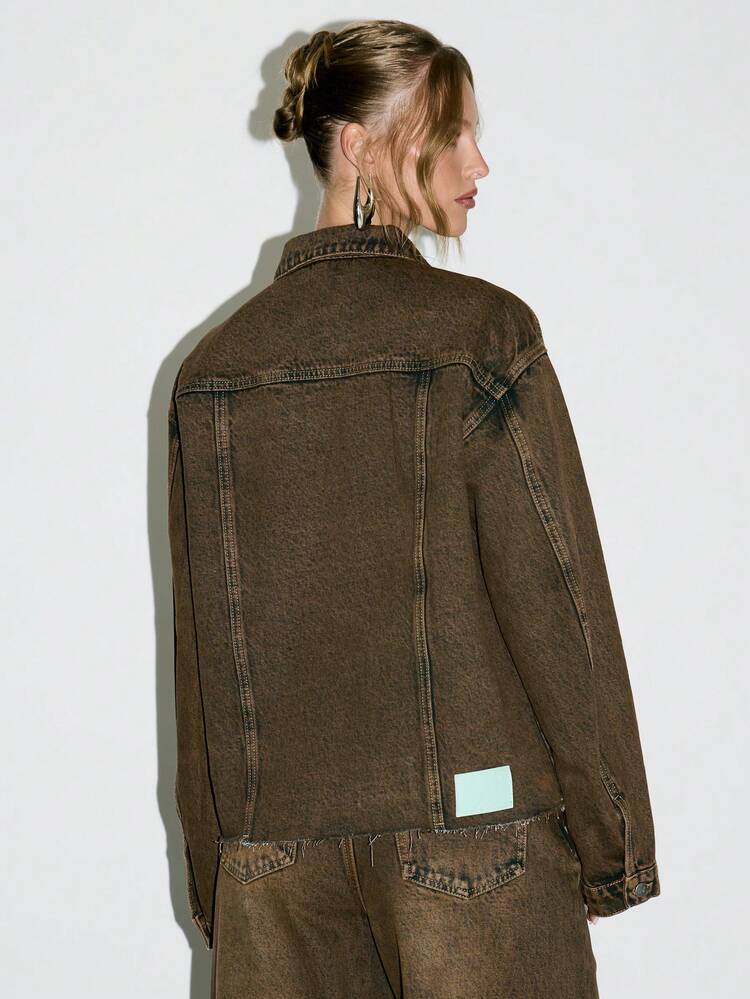 KIZN Vintage Washed Oversized Denim Trucker Jacket With Raw Hem
