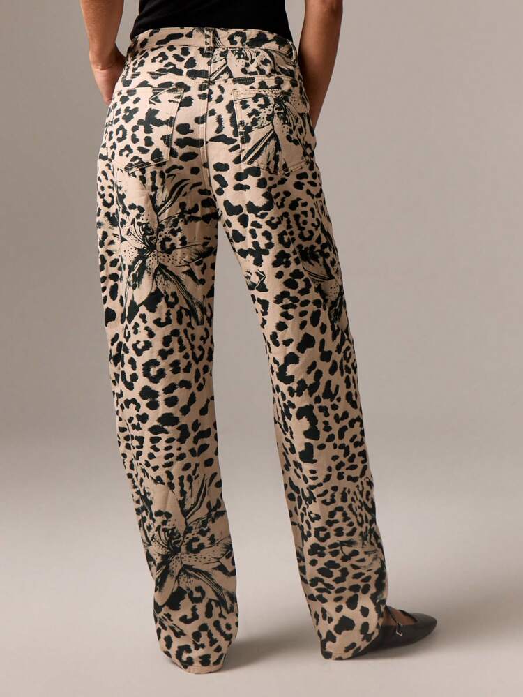 Leopard Print Wide Leg Jeans With Floral Pattern