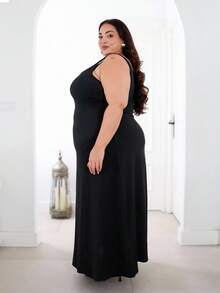 Plus Size Solid Square Neck Sleeveless Dress Maxi Women Outfit - Black - View 5