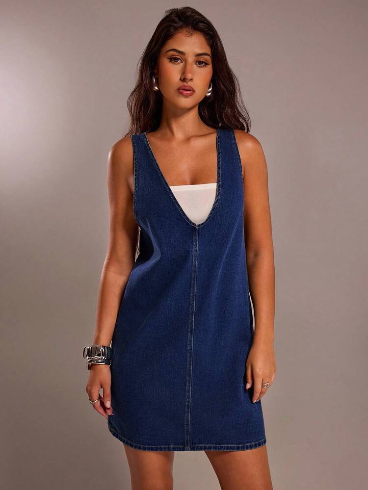 SHEIN Forever 21 Váy denim ống đứng cổ điển tối giản cho mùa xuân - Rửa tối - Xem 6