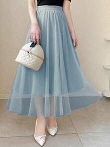 FRIFUL 女士簡約網紗日常優雅裙 - 霧霾藍 - 查看 1