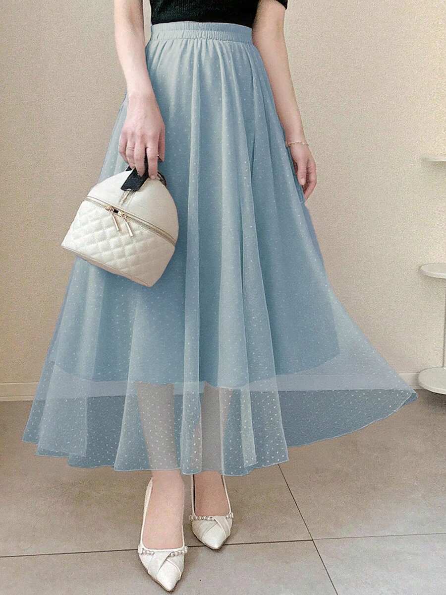 FRIFUL 女士簡約網紗日常優雅裙 - 霧霾藍 - 查看 1