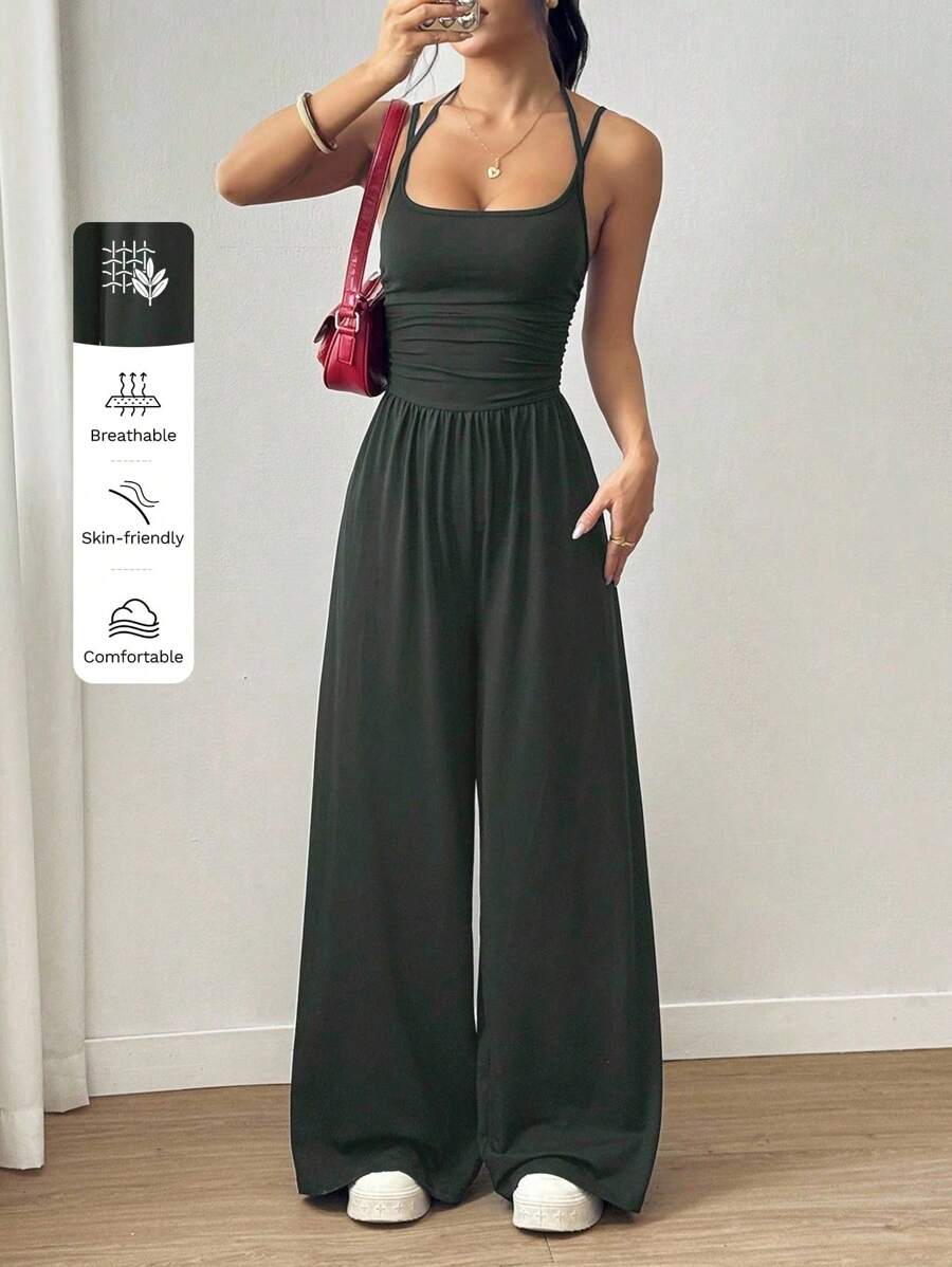 Flirla Spring/Summer Casual Pleated Loose Straight Leg Jumpsuit With Adjustable Straps For Women