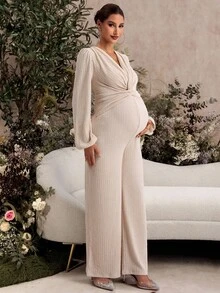 SHEIN 孕妇纯色扭腰灯笼袖阔腿连体裤 - 灰色 - 查看 4