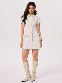 SHEIN EZwear Women's Solid Color Simple Short Sleeve Denim Dress - Apricot - View 7